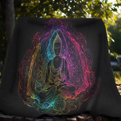 Buddha's Serene Mandala Double-Sided Throw Blanket, Neon Enlightenment Motif, Spiritual Radiance, Zen Circle Design, Vibrant Meditation Art