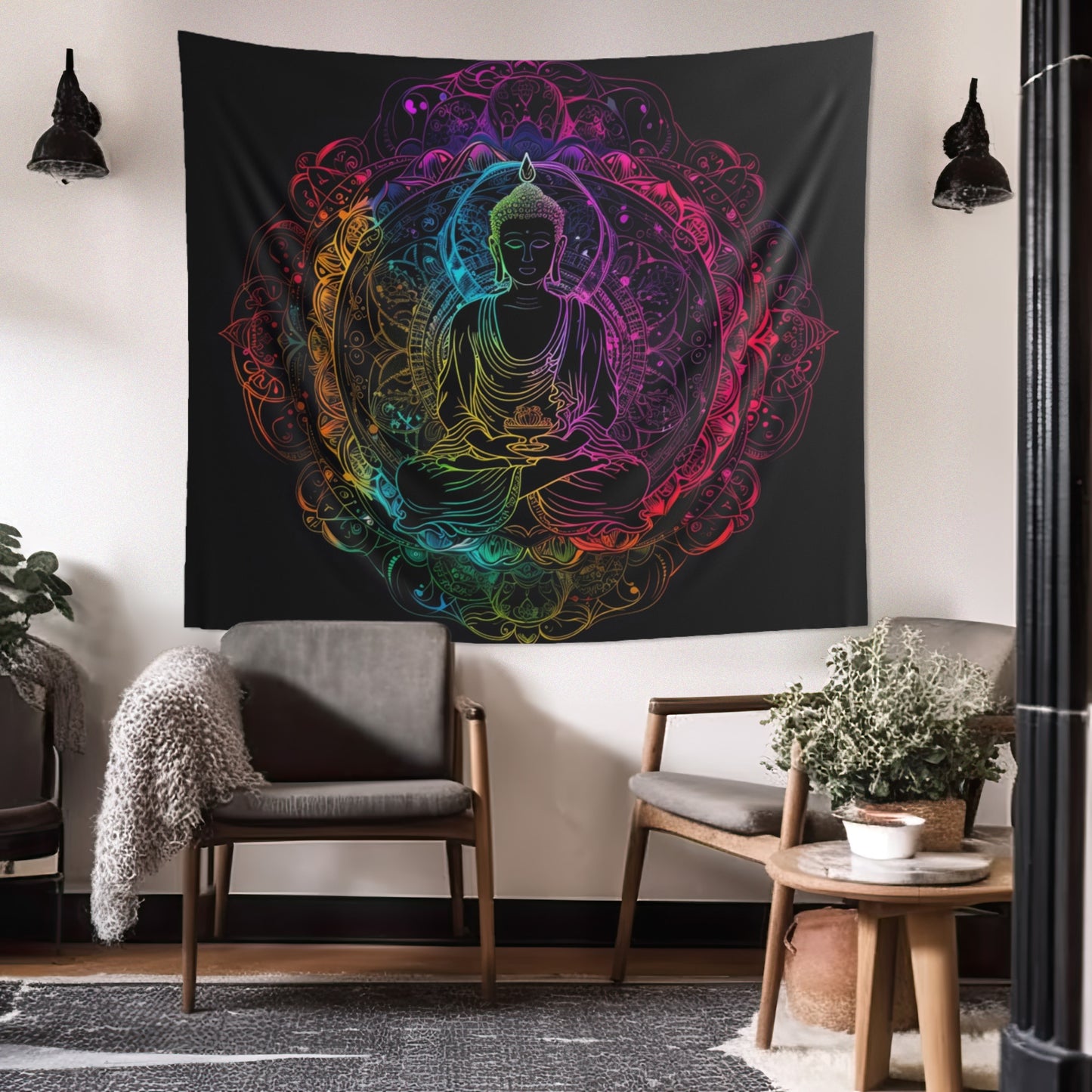 Buddha's Serene Mandala Indoor Wall Tapestry, Neon Enlightenment Motif, Spiritual Radiance, Zen Circle Design, Vibrant Meditation Wall Art