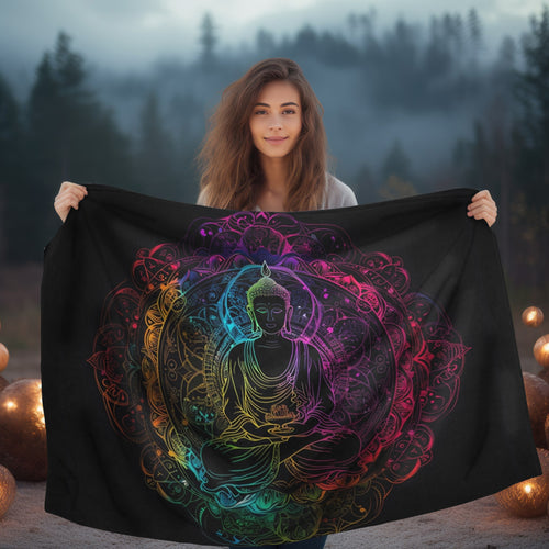 Buddha's Serene Mandala Double-Sided Throw Blanket, Neon Enlightenment Motif, Spiritual Radiance, Zen Circle Design, Vibrant Meditation Art