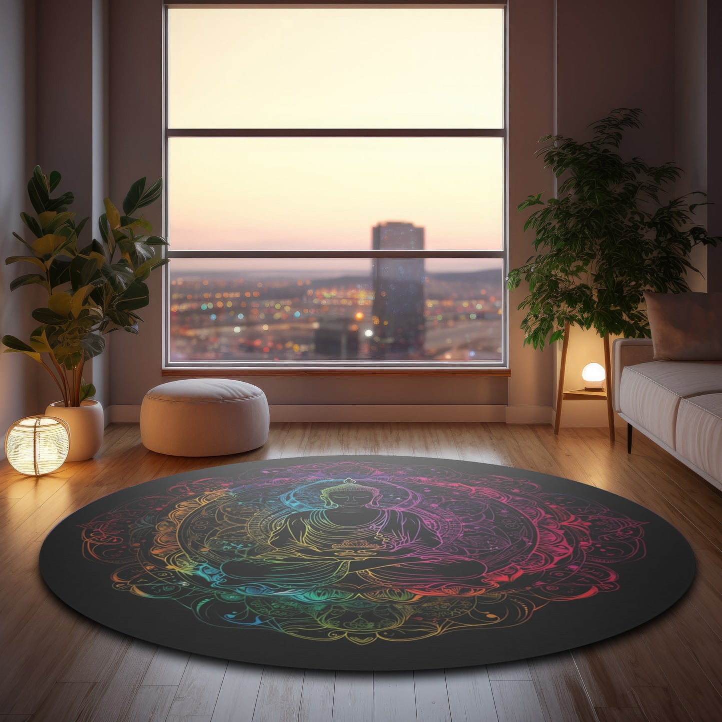 Buddha's Serene Mandala Round Chenille Area Rug, Neon Enlightenment Motif, Spiritual Radiance, Zen Circle Design, Vibrant Meditation Decor