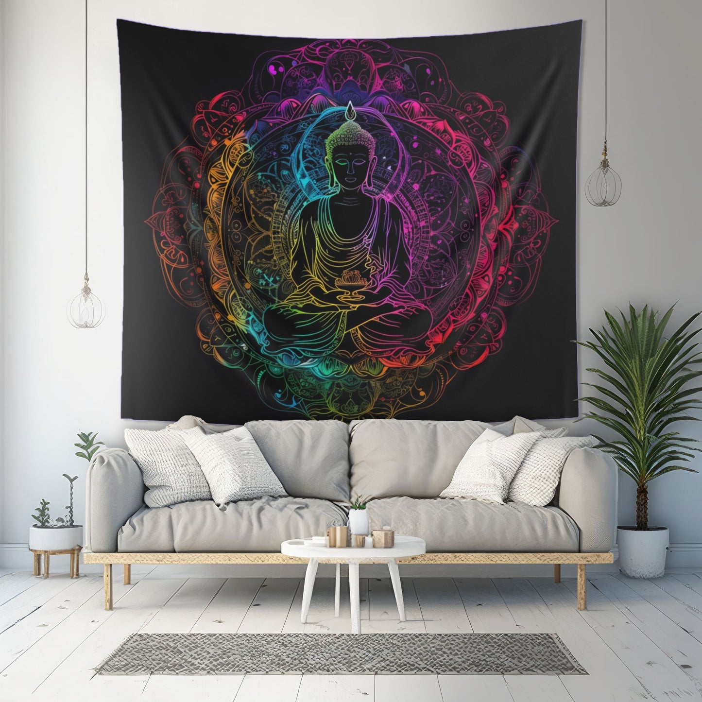 Buddha's Serene Mandala Indoor Wall Tapestry, Neon Enlightenment Motif, Spiritual Radiance, Zen Circle Design, Vibrant Meditation Wall Art