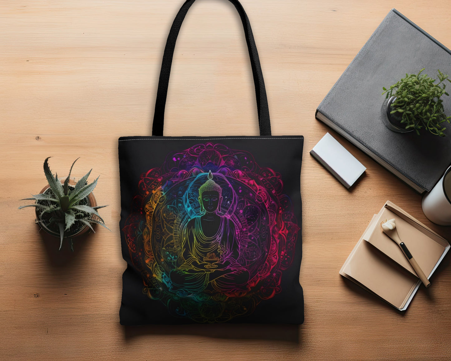 Buddha's Serene Mandala Double-Sided Tote Bag, Neon Enlightenment Motif, Spiritual Radiance, Zen Circle Design, Vibrant Meditation Accessory