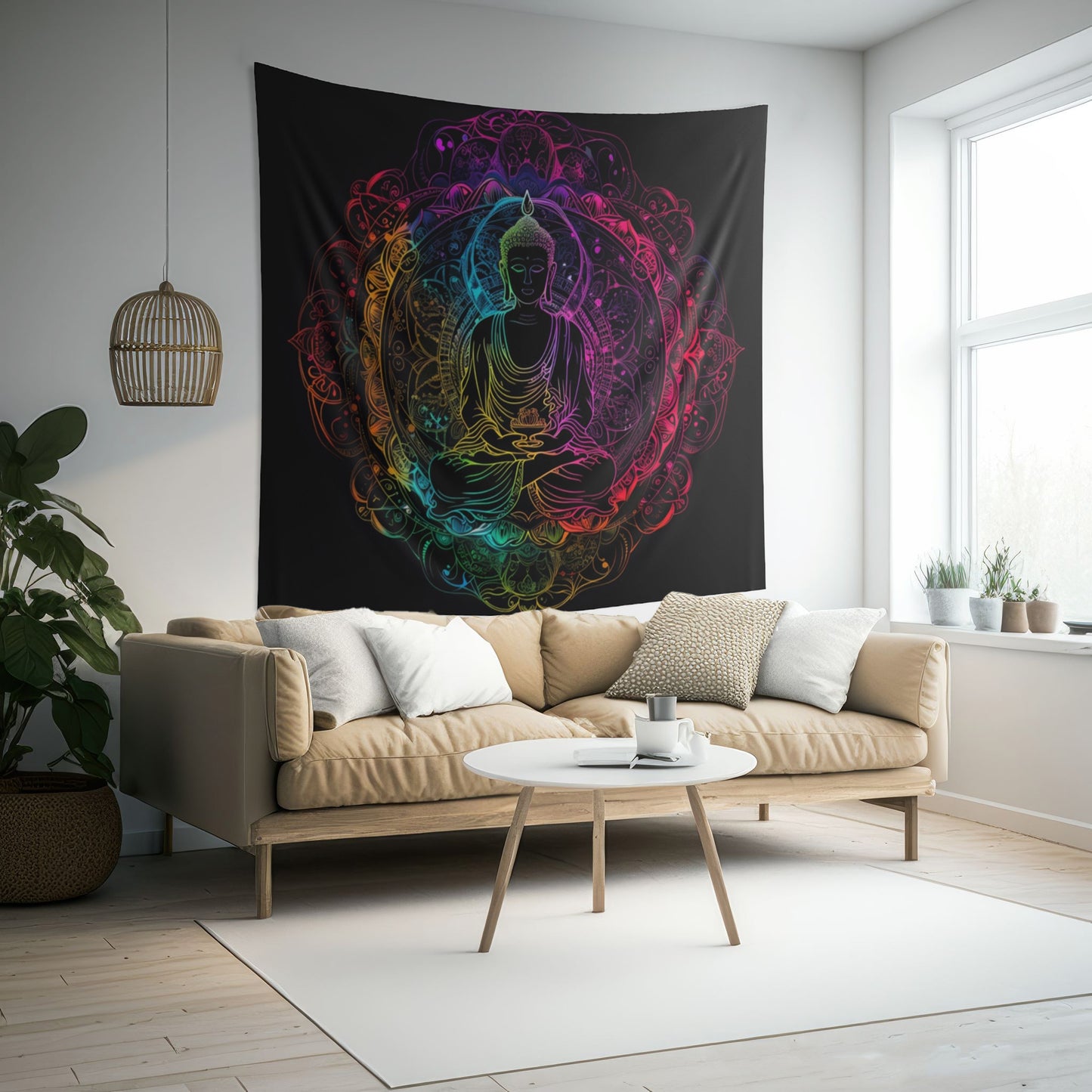 Buddha's Serene Mandala Indoor Wall Tapestry, Neon Enlightenment Motif, Spiritual Radiance, Zen Circle Design, Vibrant Meditation Wall Art