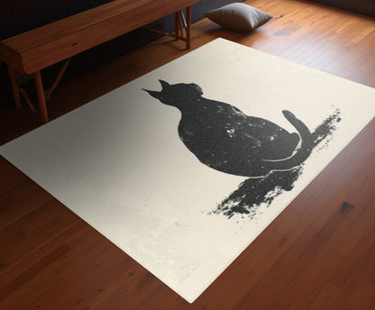 Silhouette Cat Chenille Area Rug, Modern Minimalist Feline Art, Chic Monochrome Pet Decor for Bedroom, Dorm Room, and Cozy Living Areas