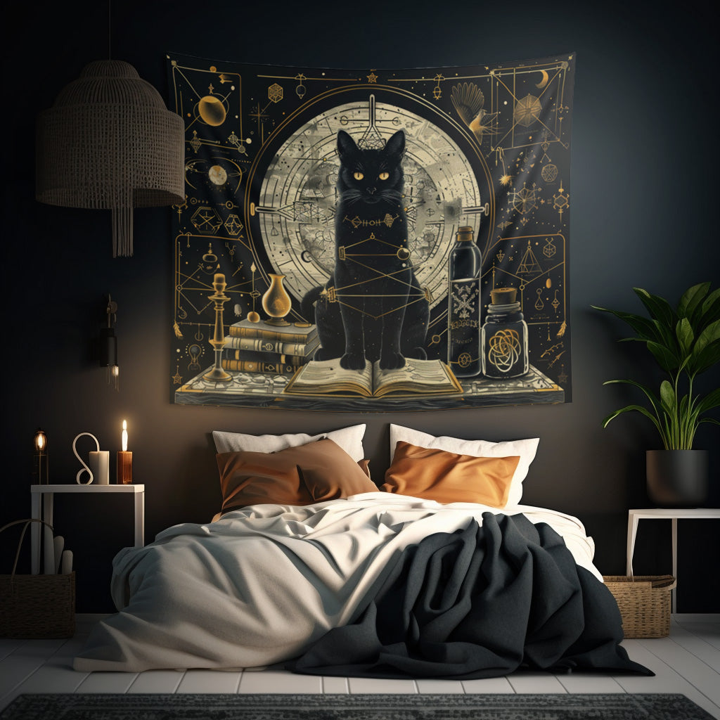 Mystical Black Cat & Magic Tomes Wall Tapestry, Enigmatic Occult Design with Geometric Patterns, Charming Decor for Bedrooms, Living Areas, and College Rooms