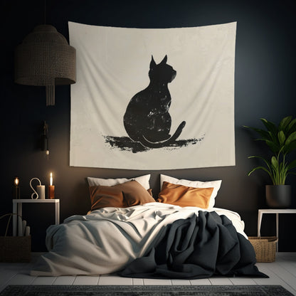 Silhouette Cat Wall Tapestry, Modern Minimalist Feline Art, Chic Monochrome Pet Decor for Bedroom, Dorm Room, and Cozy Living Areas