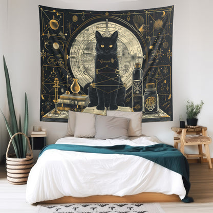 Mystical Black Cat & Magic Tomes Wall Tapestry, Enigmatic Occult Design with Geometric Patterns, Charming Decor for Bedrooms, Living Areas, and College Rooms