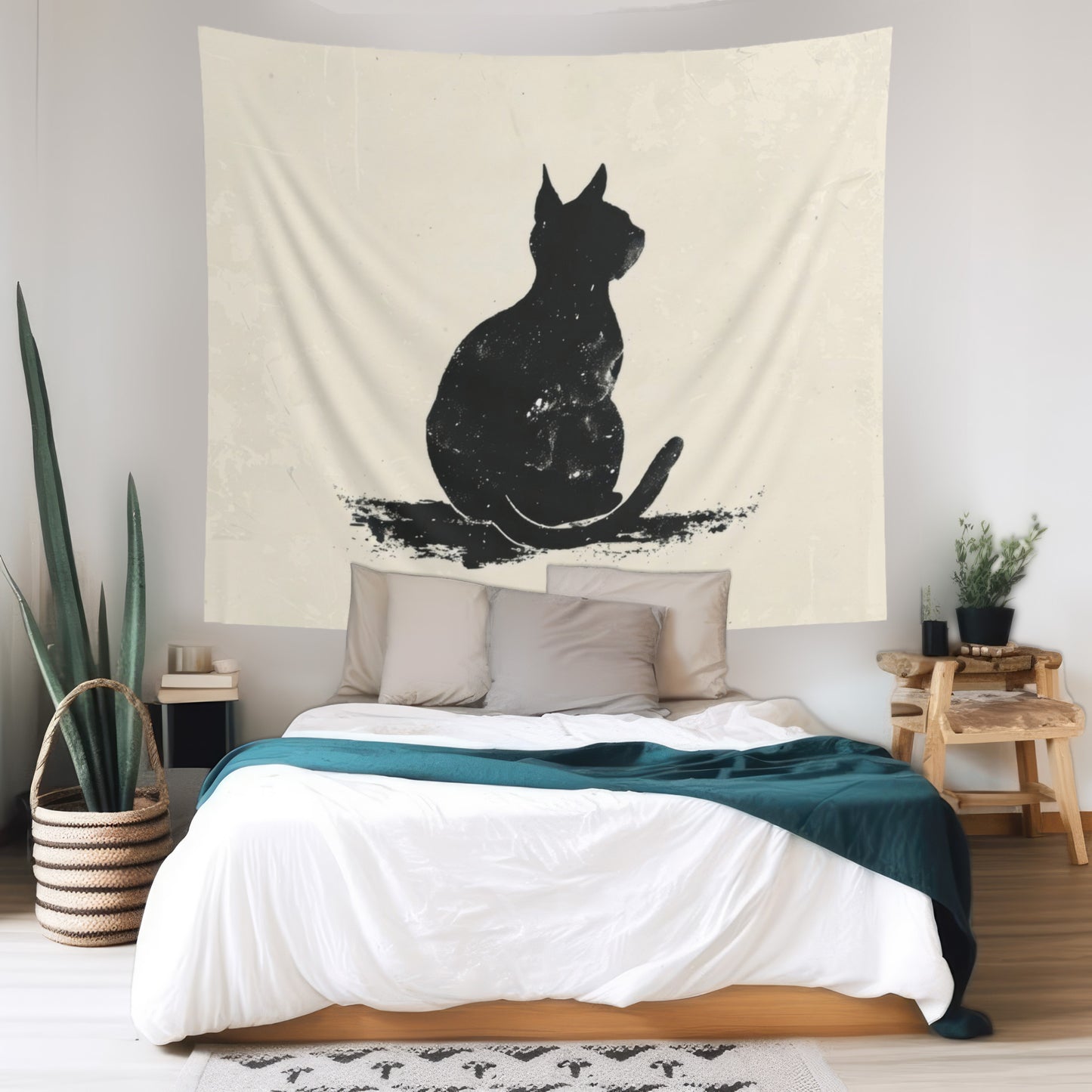 Silhouette Cat Wall Tapestry, Modern Minimalist Feline Art, Chic Monochrome Pet Decor for Bedroom, Dorm Room, and Cozy Living Areas