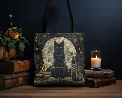 Black Cat & Spell Books Polyester Tote Bag (Double Sided), Dark Occult and Geometry Fashion, Polyester Material with Black Handles in 3 Sizes