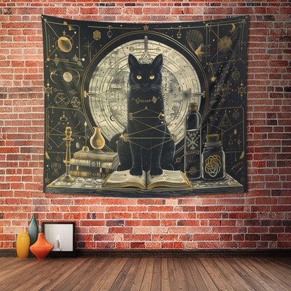 Mystical Black Cat & Magic Tomes Wall Tapestry, Enigmatic Occult Design with Geometric Patterns, Charming Decor for Bedrooms, Living Areas, and College Rooms