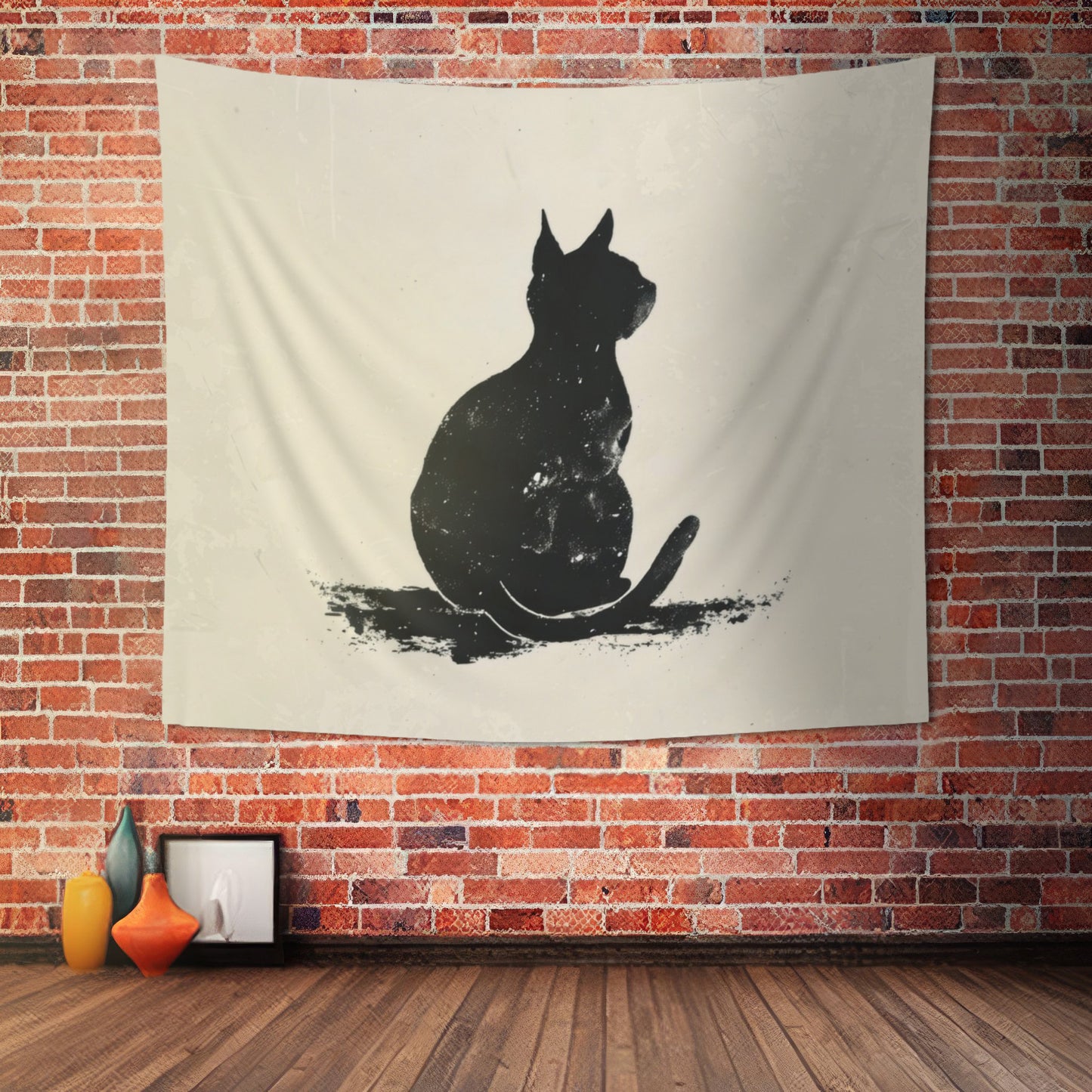 Silhouette Cat Wall Tapestry, Modern Minimalist Feline Art, Chic Monochrome Pet Decor for Bedroom, Dorm Room, and Cozy Living Areas