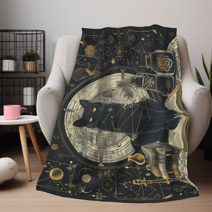 Magical Black Cat and Spell Books Dual-Sided Throw – Occult and Geometry-Inspired Home Decor