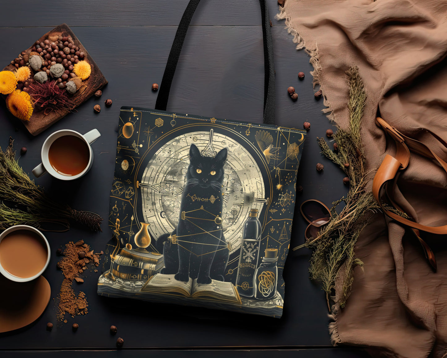 Black Cat & Spell Books Polyester Tote Bag (Double Sided), Dark Occult and Geometry Fashion, Polyester Material with Black Handles in 3 Sizes