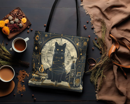 Black Cat & Spell Books Polyester Tote Bag (Double Sided), Dark Occult and Geometry Fashion, Polyester Material with Black Handles in 3 Sizes