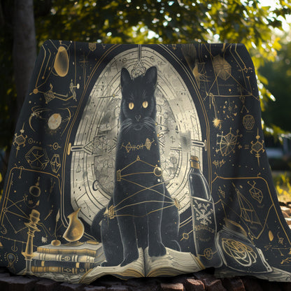 Magical Black Cat and Spell Books Dual-Sided Throw – Occult and Geometry-Inspired Home Decor