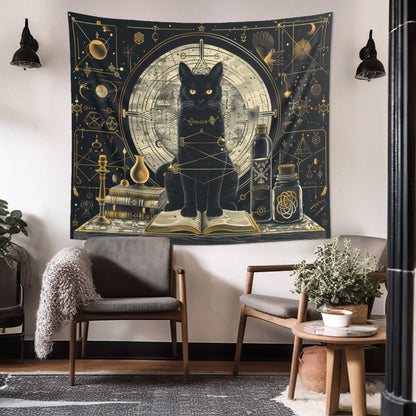 Mystical Black Cat & Magic Tomes Wall Tapestry, Enigmatic Occult Design with Geometric Patterns, Charming Decor for Bedrooms, Living Areas, and College Rooms