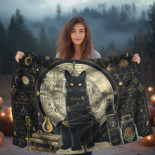 Magical Black Cat and Spell Books Dual-Sided Throw – Occult and Geometry-Inspired Home Decor