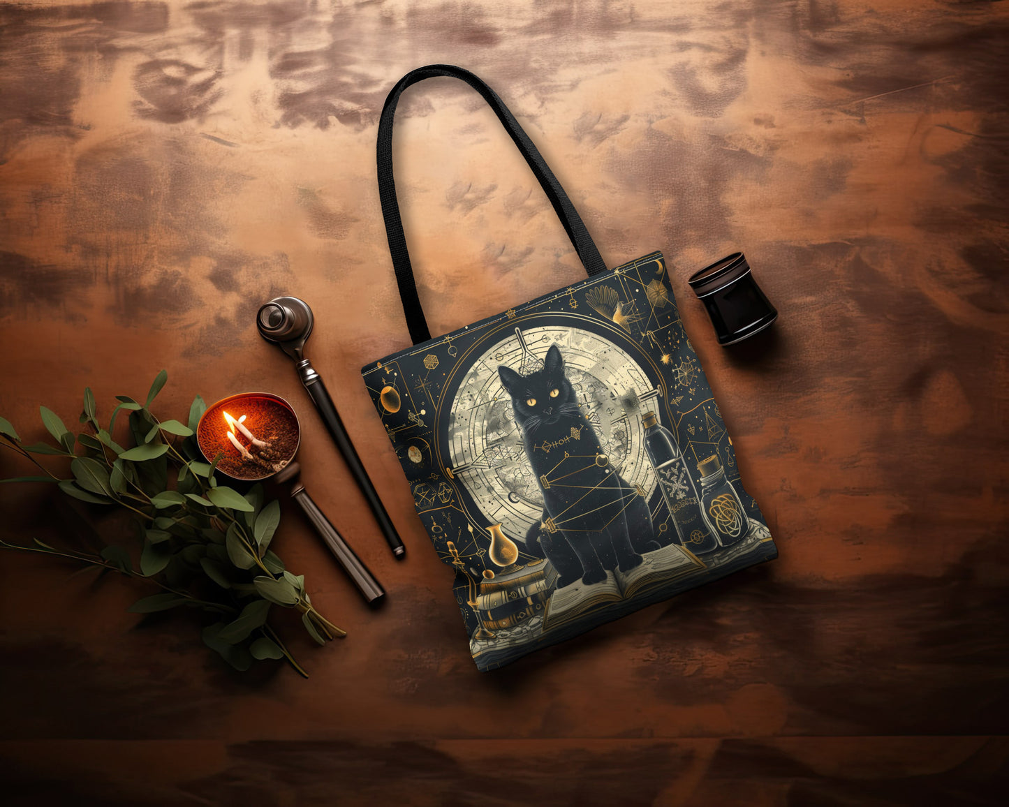 Black Cat & Spell Books Polyester Tote Bag (Double Sided), Dark Occult and Geometry Fashion, Polyester Material with Black Handles in 3 Sizes