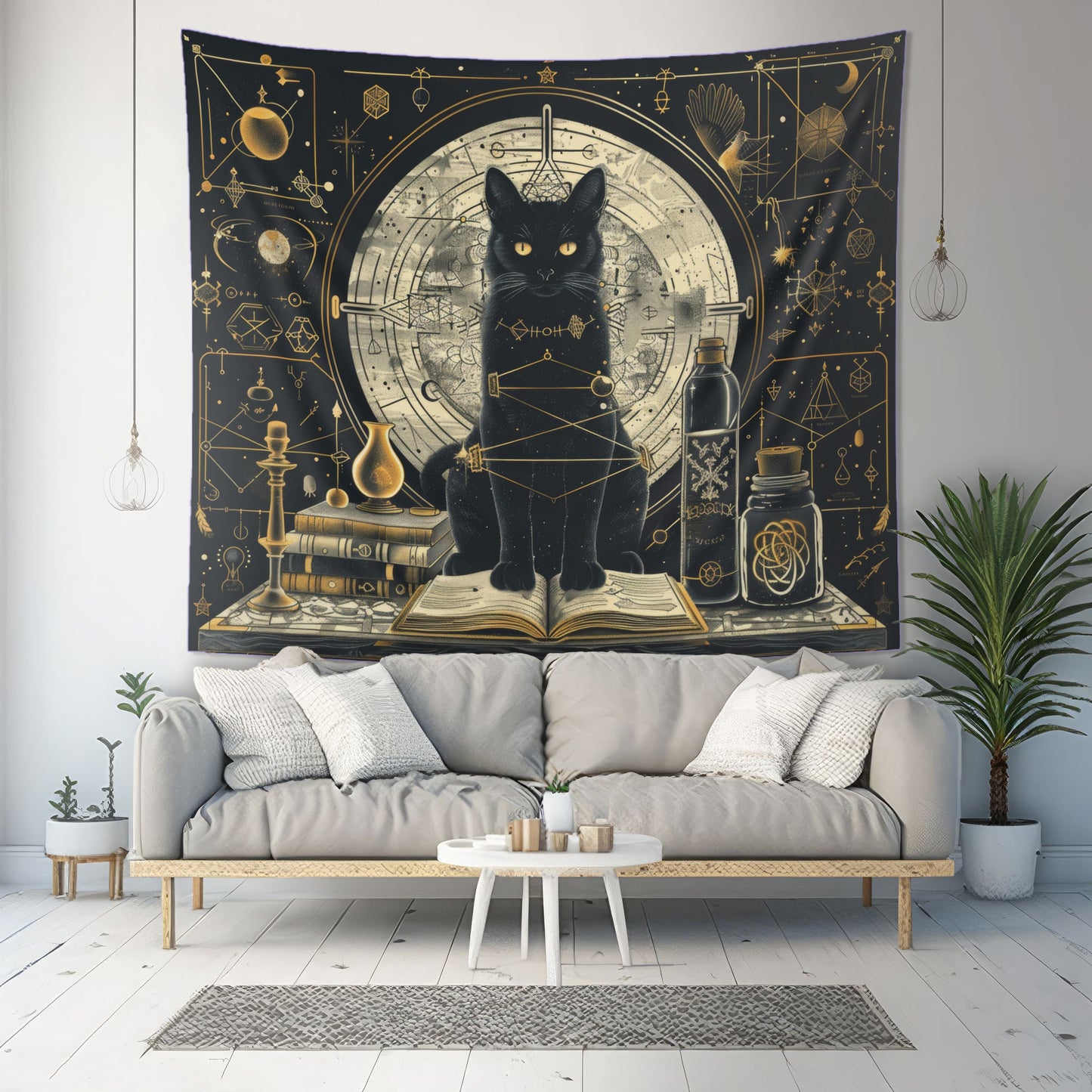 Mystical Black Cat & Magic Tomes Wall Tapestry, Enigmatic Occult Design with Geometric Patterns, Charming Decor for Bedrooms, Living Areas, and College Rooms