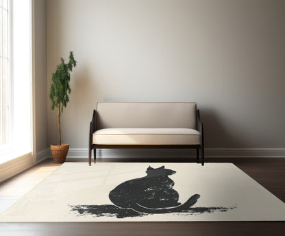 Silhouette Cat Chenille Area Rug, Modern Minimalist Feline Art, Chic Monochrome Pet Decor for Bedroom, Dorm Room, and Cozy Living Areas