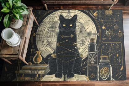 Black Cat & Spell Books Polyester Chenille Area Rug (3 Sizes), Mystical Sacred Geometry Design, Dark Occult Aesthetic Room Decor