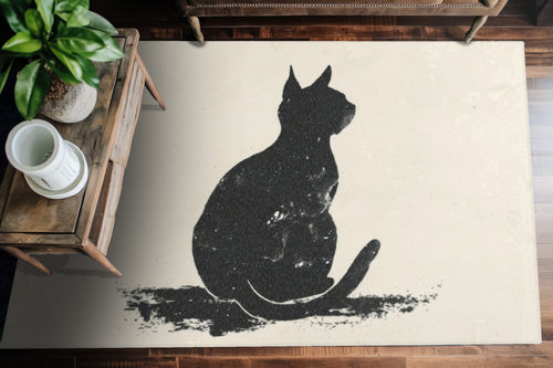 Silhouette Cat Chenille Area Rug, Modern Minimalist Feline Art, Chic Monochrome Pet Decor for Bedroom, Dorm Room, and Cozy Living Areas