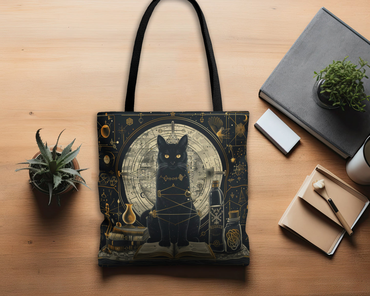 Black Cat & Spell Books Polyester Tote Bag (Double Sided), Dark Occult and Geometry Fashion, Polyester Material with Black Handles in 3 Sizes