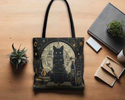 Black Cat & Spell Books Polyester Tote Bag (Double Sided), Dark Occult and Geometry Fashion, Polyester Material with Black Handles in 3 Sizes