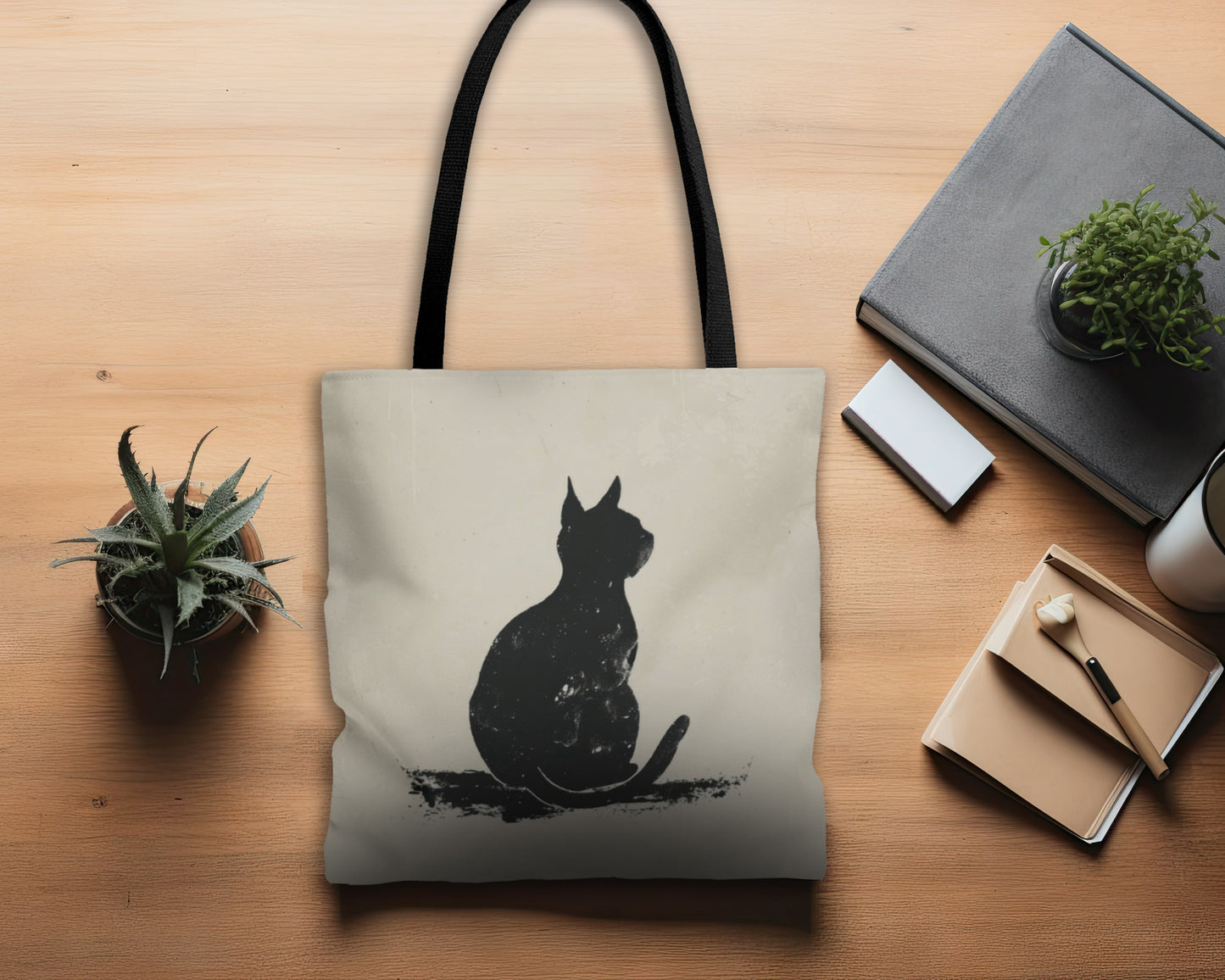 Silhouette Cat Double Sided Tote Bag (3 Sizes), Modern Minimalist Feline Art, Chic Monochrome Pet Fashion Style, Black Handles