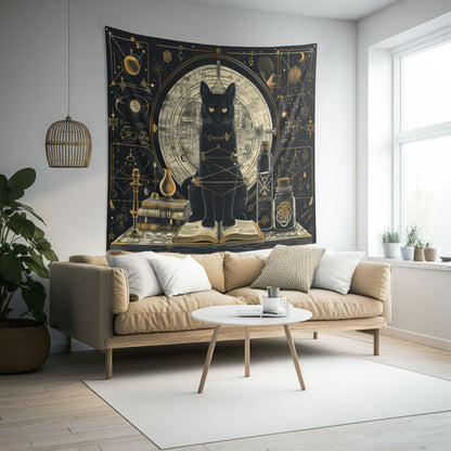 Mystical Black Cat & Magic Tomes Wall Tapestry, Enigmatic Occult Design with Geometric Patterns, Charming Decor for Bedrooms, Living Areas, and College Rooms