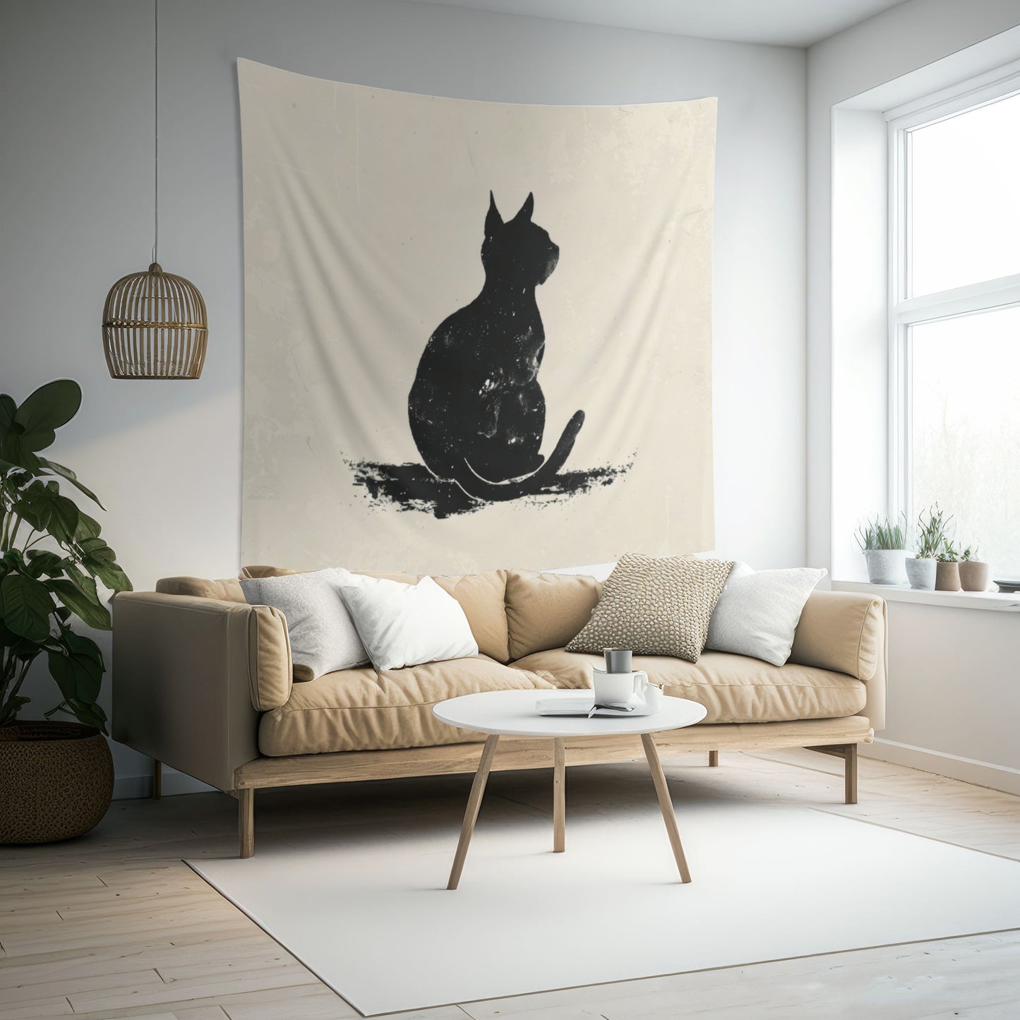 Silhouette Cat Wall Tapestry, Modern Minimalist Feline Art, Chic Monochrome Pet Decor for Bedroom, Dorm Room, and Cozy Living Areas