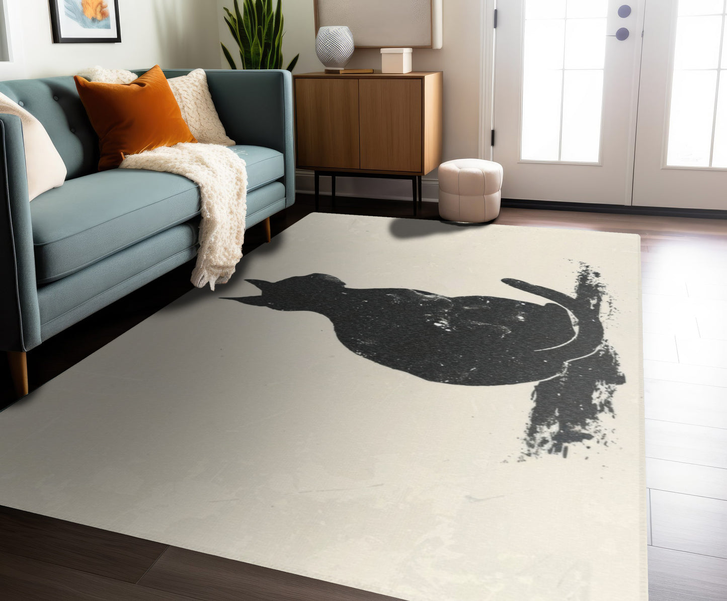 Silhouette Cat Chenille Area Rug, Modern Minimalist Feline Art, Chic Monochrome Pet Decor for Bedroom, Dorm Room, and Cozy Living Areas