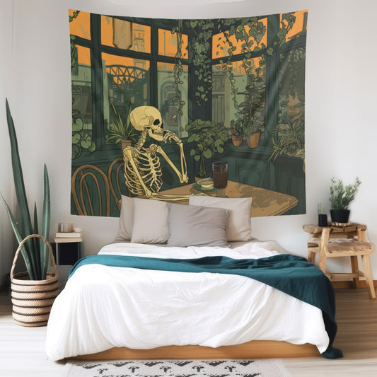 Skeleton Drinking Coffee in Paris Cafe Indoor Wall Tapestry, Cottagecore Design, Cozy Romantic Aesthetic Enchanting Bedroom, Living, and Dorm Room Decor