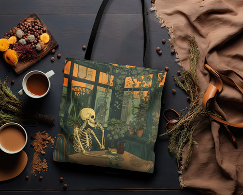 Skeleton Drinking Coffee in Paris Cafe Polyester Tote Bag (Double Sided), Cottagecore Design, Cozy Romantic Style Fashion, 3 Sizes, Black Handles