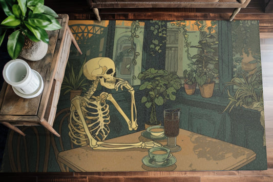 Skeleton Drinking Coffee in Paris Cafe Chenille Area Rug (3 Sizes), Cottagecore Design, Cozy Romantic Aesthetic Bedroom, Living, and Dorm Room Decor