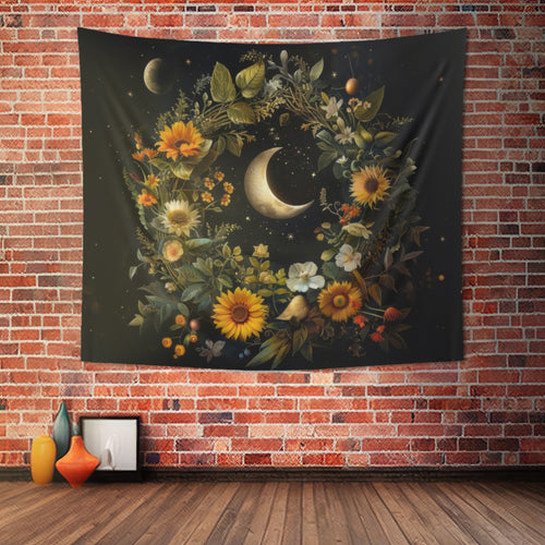 Crescent Moon & Wildflower Mandala Indoor Wall Tapestry, Dark Cottagecore Design, Nature Aesthetic Bedroom, Living, and Dorm Room Decor