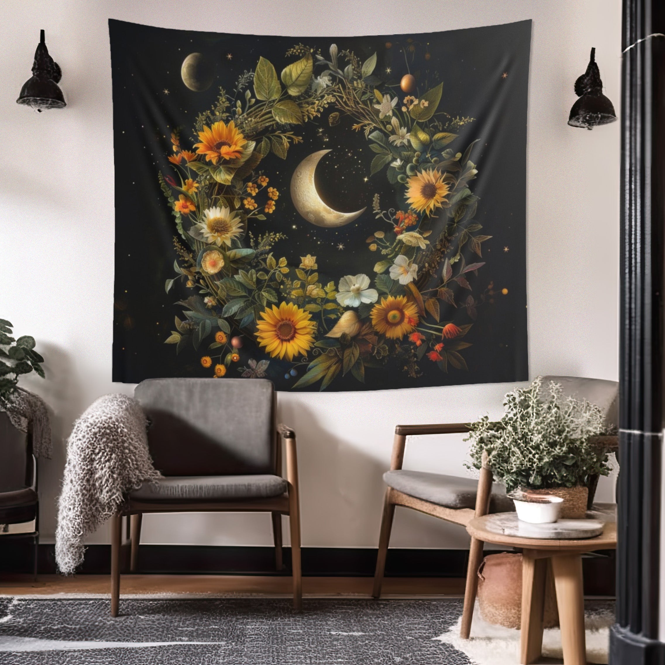 Crescent Moon Wildflower Mandala Indoor Wall Tapestry Dark Cottagec inli10 Prints