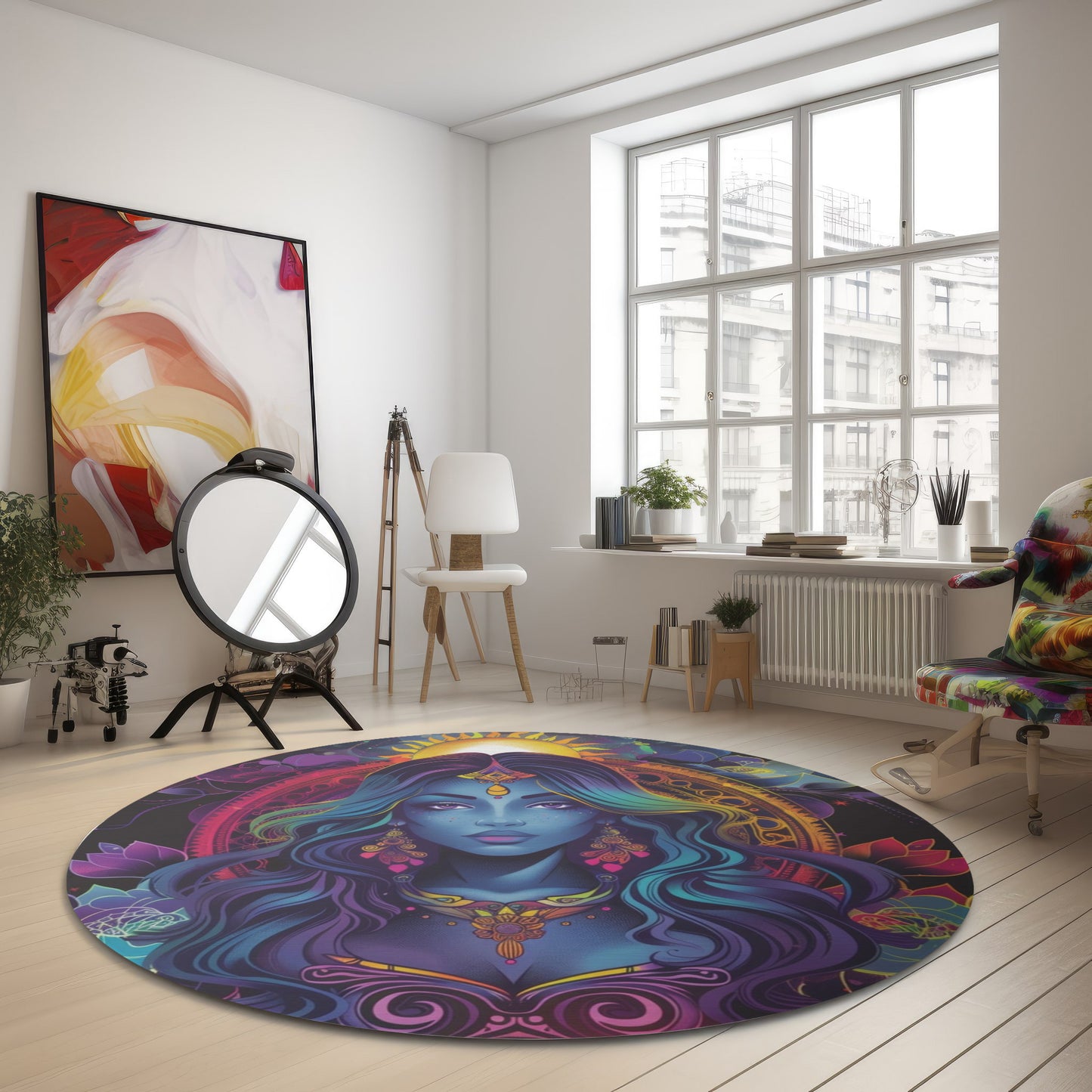 Cosmic Goddess Chenille Round Area Rug, Celestial Neon Design, Trippy Psychedelic Bedroom, Living and Meditation Space Decor