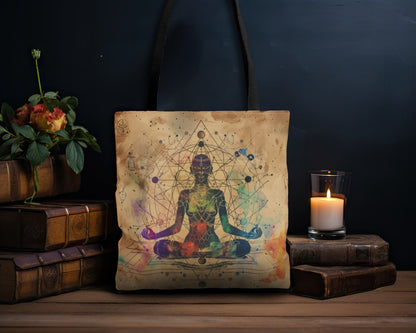 Cosmic Ether Goddess Polyester Tote Bag (Double Sided), Zen Nature Aesthetic, Sacred Geometry Style Fashion, 3 Sizes, Black Handles