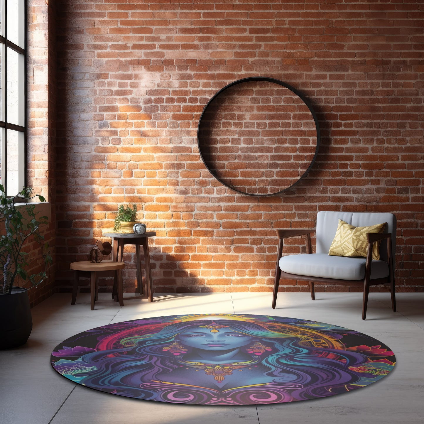 Cosmic Goddess Chenille Round Area Rug, Celestial Neon Design, Trippy Psychedelic Bedroom, Living and Meditation Space Decor