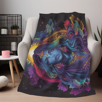 Cosmic Goddess Double Sided Throw Blanket, Electric Mandala Design, Neon Aesthetic, Mystical Magical Bedroom, Living, and Dorm Room Decor