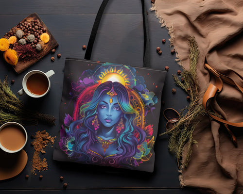 Cosmic Goddess Polyester Tote Bag (Double Sided), Electric Mandala Aesthetic, Galactic Neon Style Fashion, 3 Sizes, Black Handles