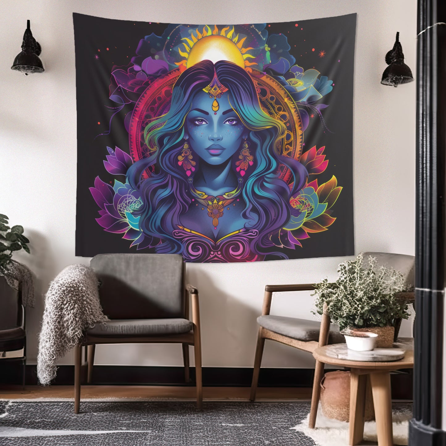 Cosmic Goddess Indoor Wall Tapestry – Electric Mandala Inspired Decor for Enchanting Spaces