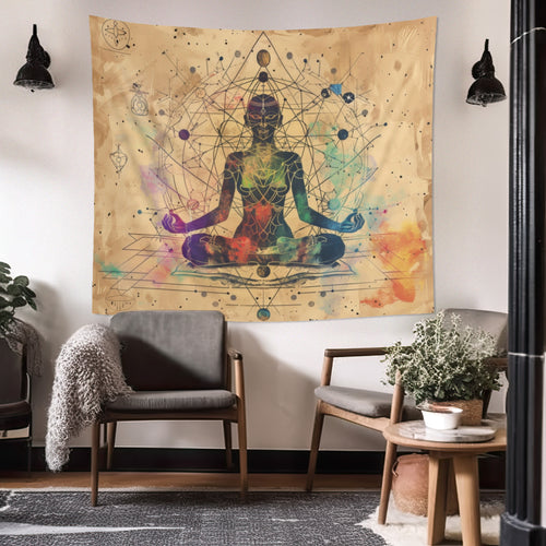 Cosmic Ether Goddess Indoor Wall Tapestry, Mysterious Occult Design, Sacred Geometry Aesthetic Enchanting Bedroom, Living, and Dorm Room Decor