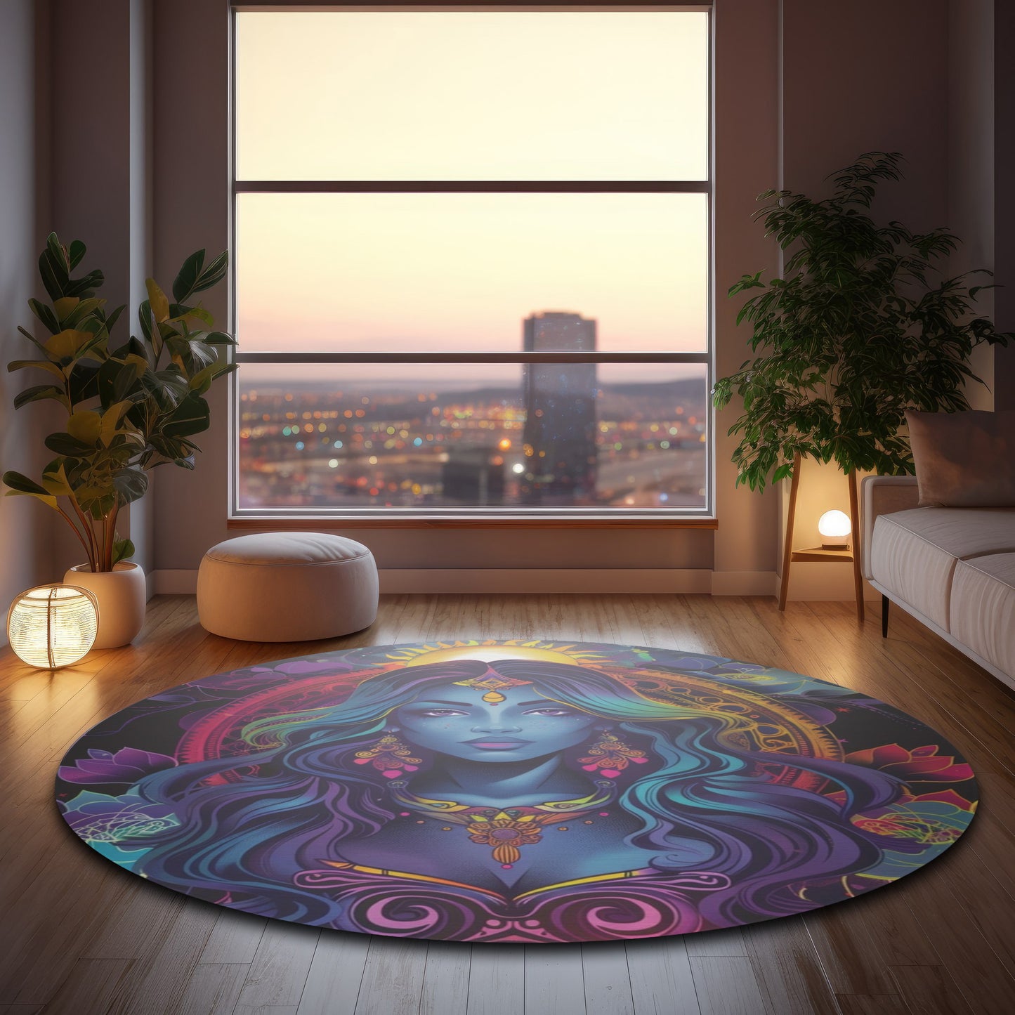 Cosmic Goddess Chenille Round Area Rug, Celestial Neon Design, Trippy Psychedelic Bedroom, Living and Meditation Space Decor