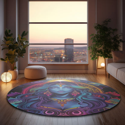 Cosmic Goddess Chenille Round Area Rug, Celestial Neon Design, Trippy Psychedelic Bedroom, Living and Meditation Space Decor