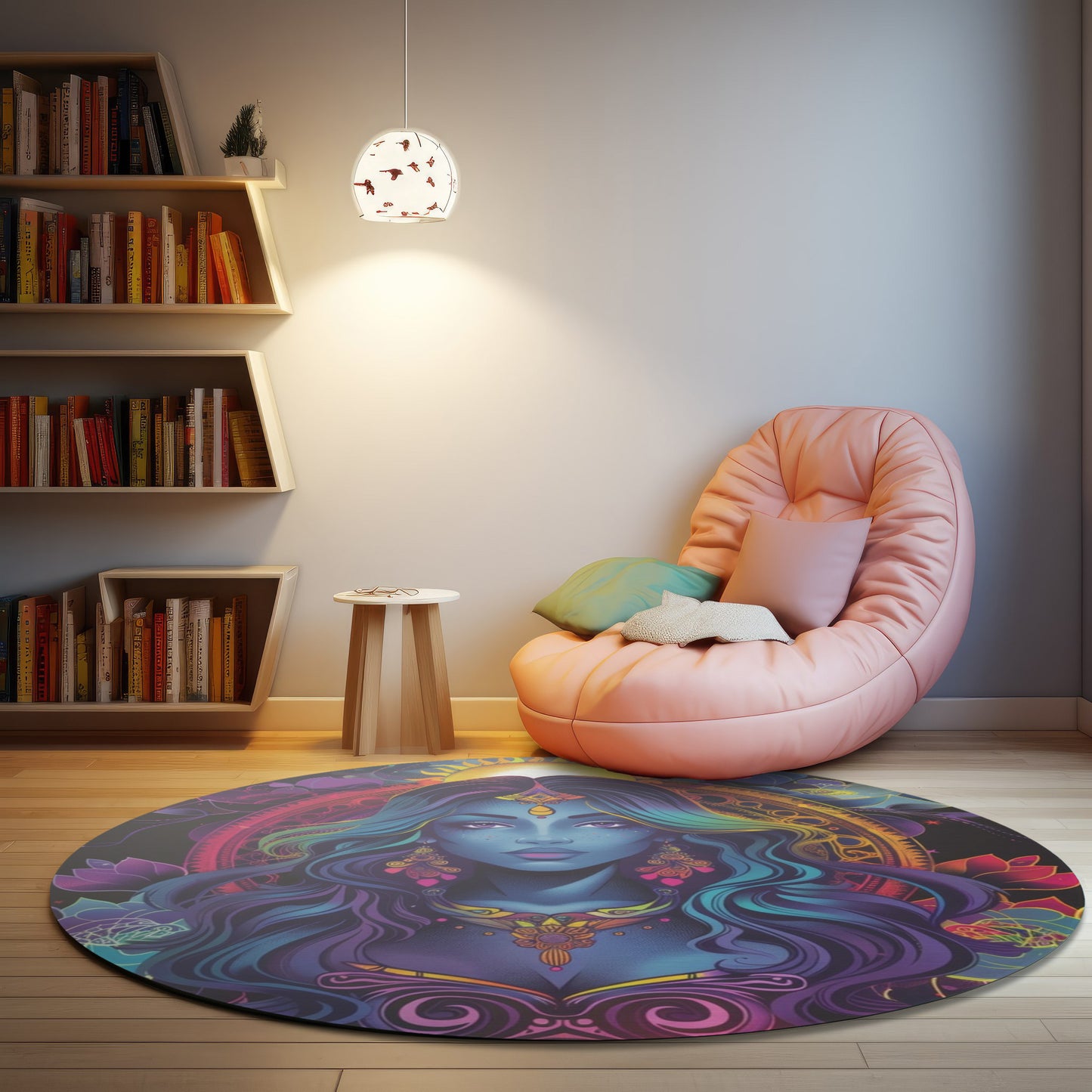 Cosmic Goddess Chenille Round Area Rug, Celestial Neon Design, Trippy Psychedelic Bedroom, Living and Meditation Space Decor