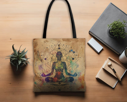 Cosmic Ether Goddess Polyester Tote Bag (Double Sided), Zen Nature Aesthetic, Sacred Geometry Style Fashion, 3 Sizes, Black Handles