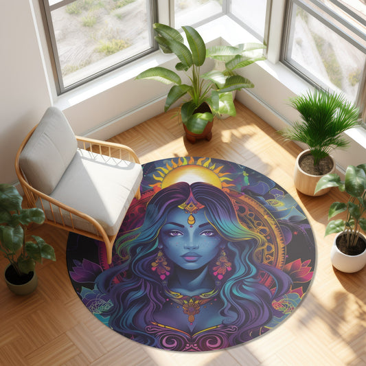 Cosmic Goddess Chenille Round Area Rug, Celestial Neon Design, Trippy Psychedelic Bedroom, Living and Meditation Space Decor