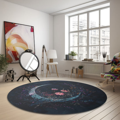 Crescent Moon & Wildflower Mandala Chenille Round Area Rug, Dark Occult Aesthetic, Lunar Lover Bedroom, Living Room and Meditation Space